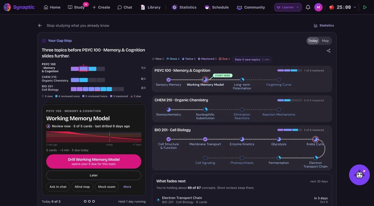 The Synaptic Gap Map tracking every topic in three courses from new to mastered, with the topic to study now beside the map