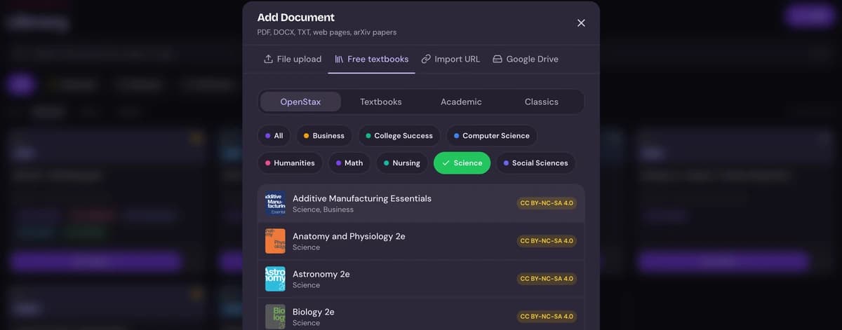 Adding a free textbook in Synaptic: OpenStax books by subject, with open textbooks, academic books and classics a tab away